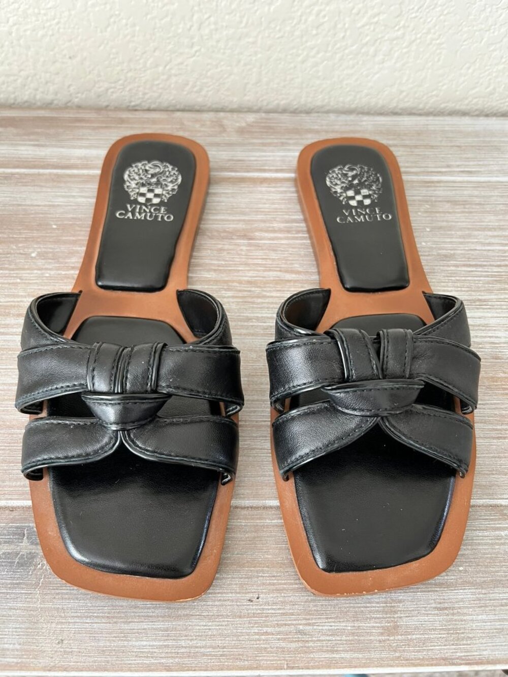 Vince Camuto Black Leather Knot Slide Sandals Square Toe Size 8.5